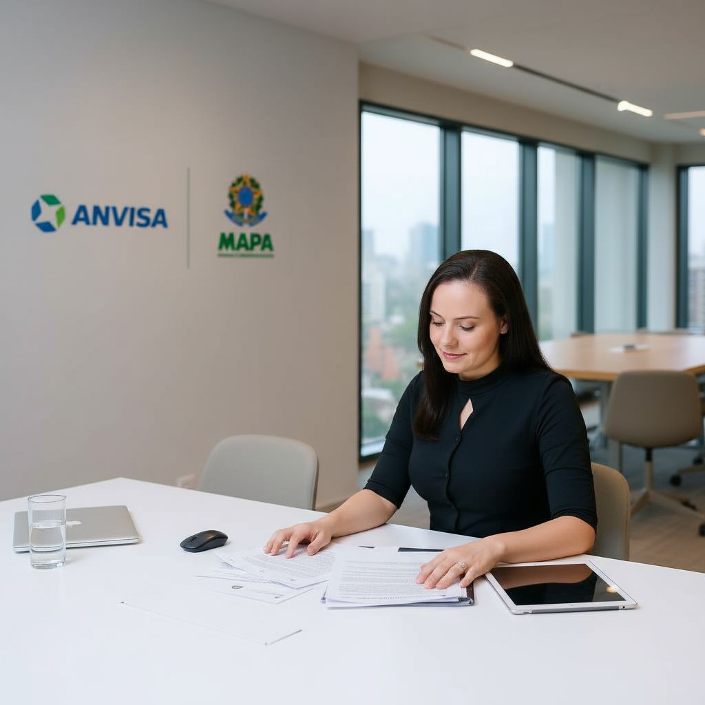 Cristina em escritório com documentos ANVISA e MAPA