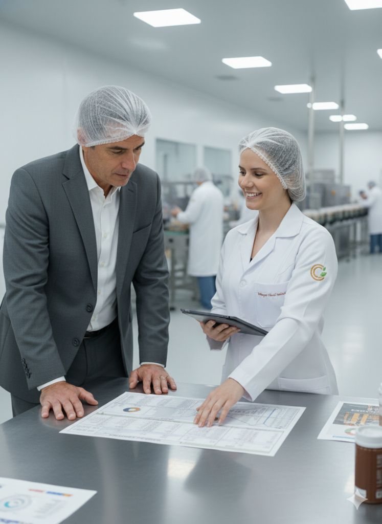 Cristina com cliente em fábrica realizando auditoria de qualidade