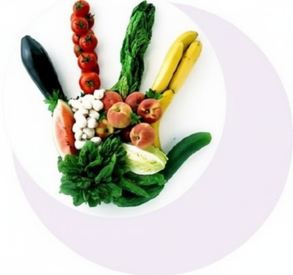 Mão segurando legumes e frutas frescas representando valores